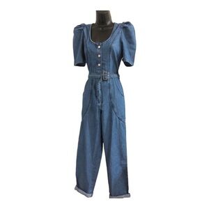 Jessica Simpson blue jeans denim puff sleeve adjustable hem jumpsuit size XS new